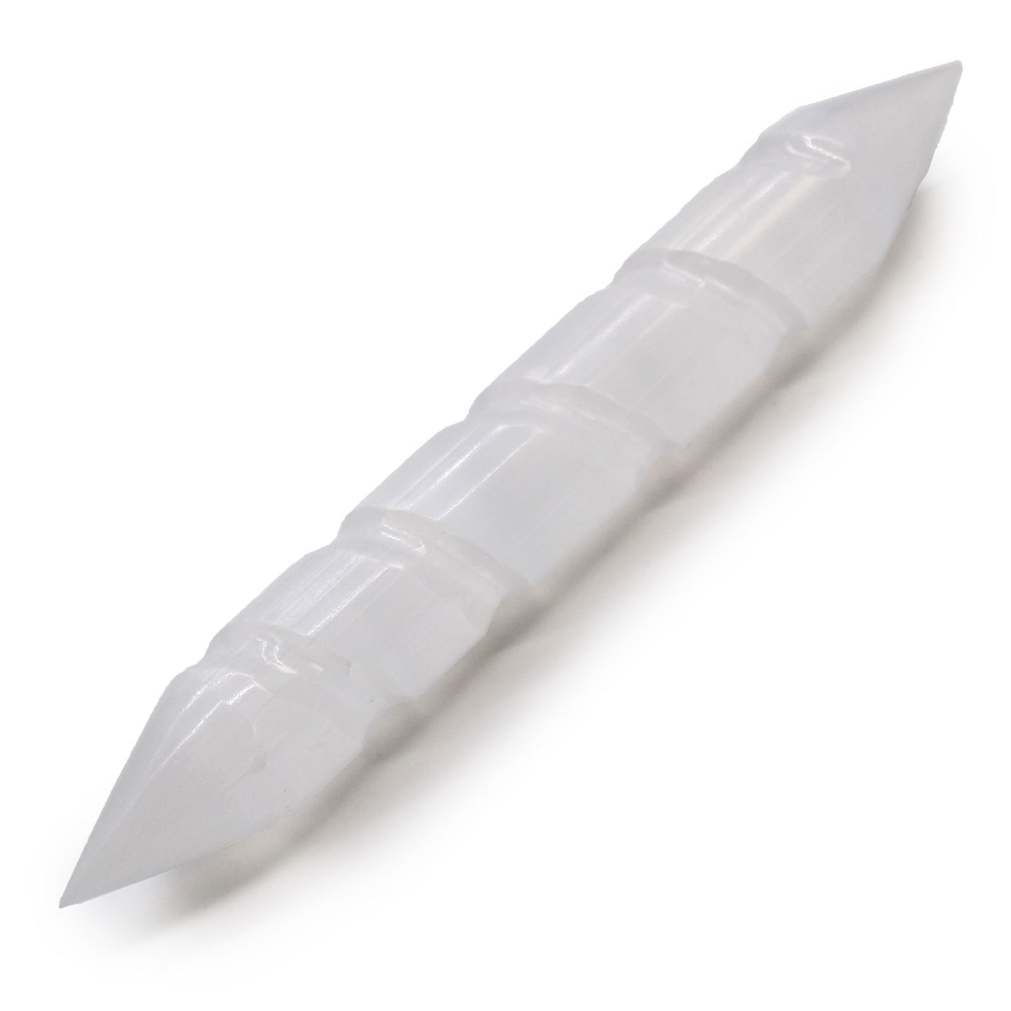 Baguette spirale en sélénite — Deux extrémités pointues · 16 cm
