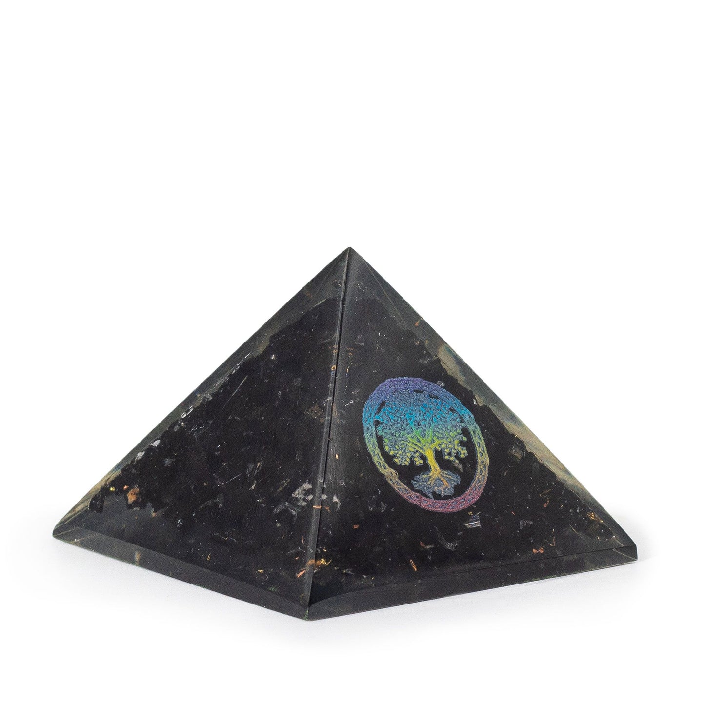 Petite pyramide d’orgonite — Arbre de vie · Éclats de tourmaline noire · 5cm