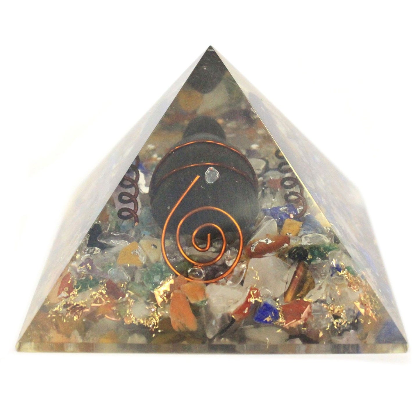 Pyramide d’orgonite — Éclats de pierres, cuivre & tortue · 60mm