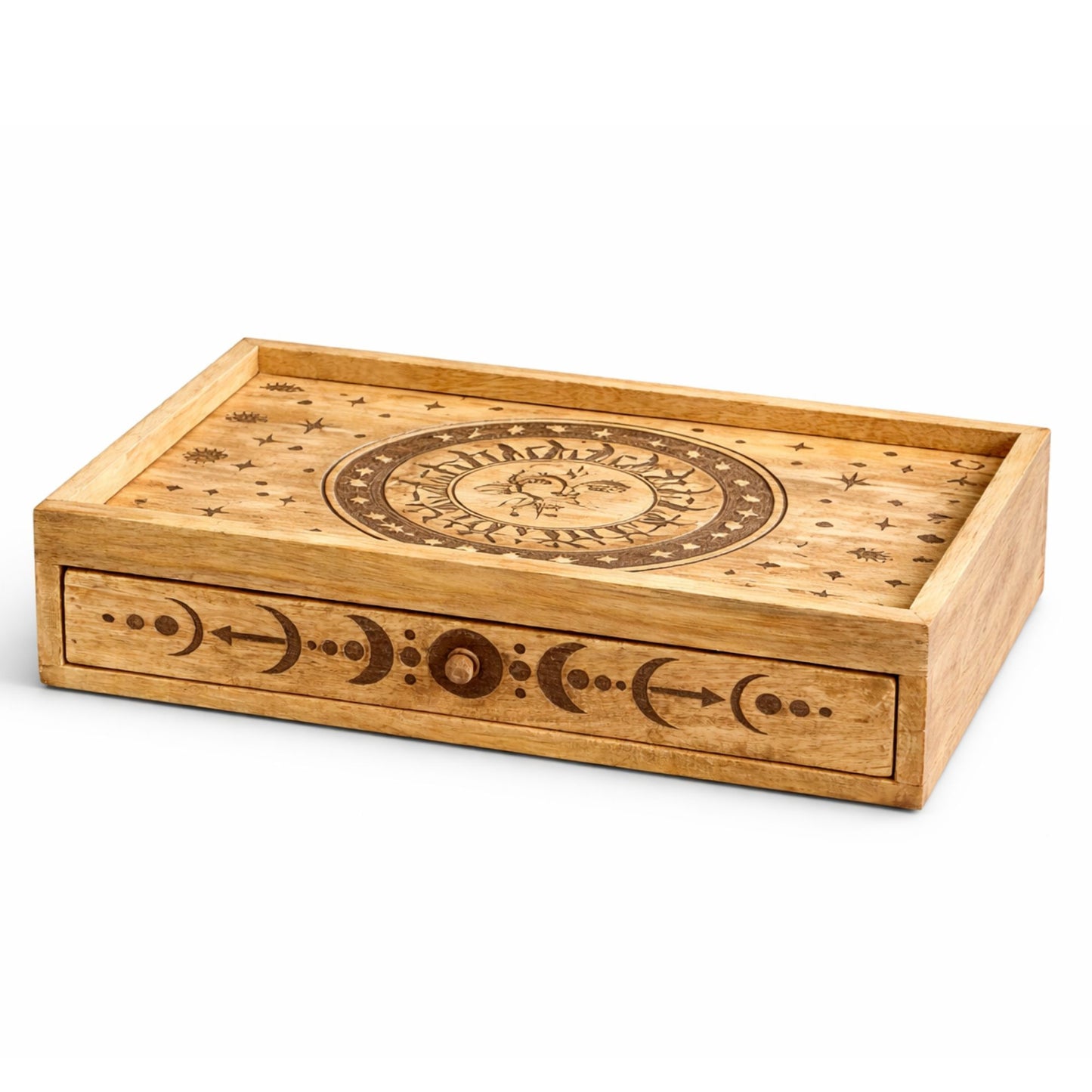 Coffret de tarot sculpté soleil & lune à tiroir