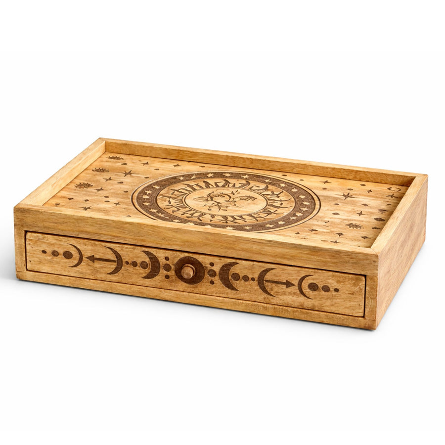Coffret de tarot sculpté soleil & lune à tiroir