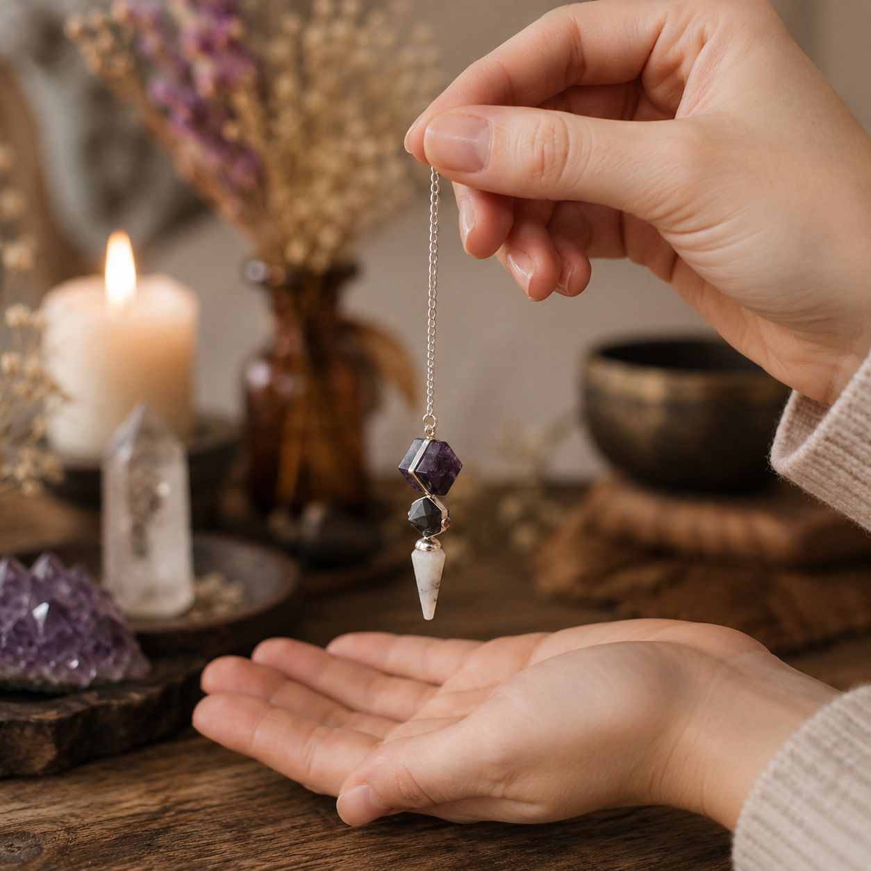 Pendule Porte psychique — Trois pièces · Fluorite, labradorite & pierre de lune
