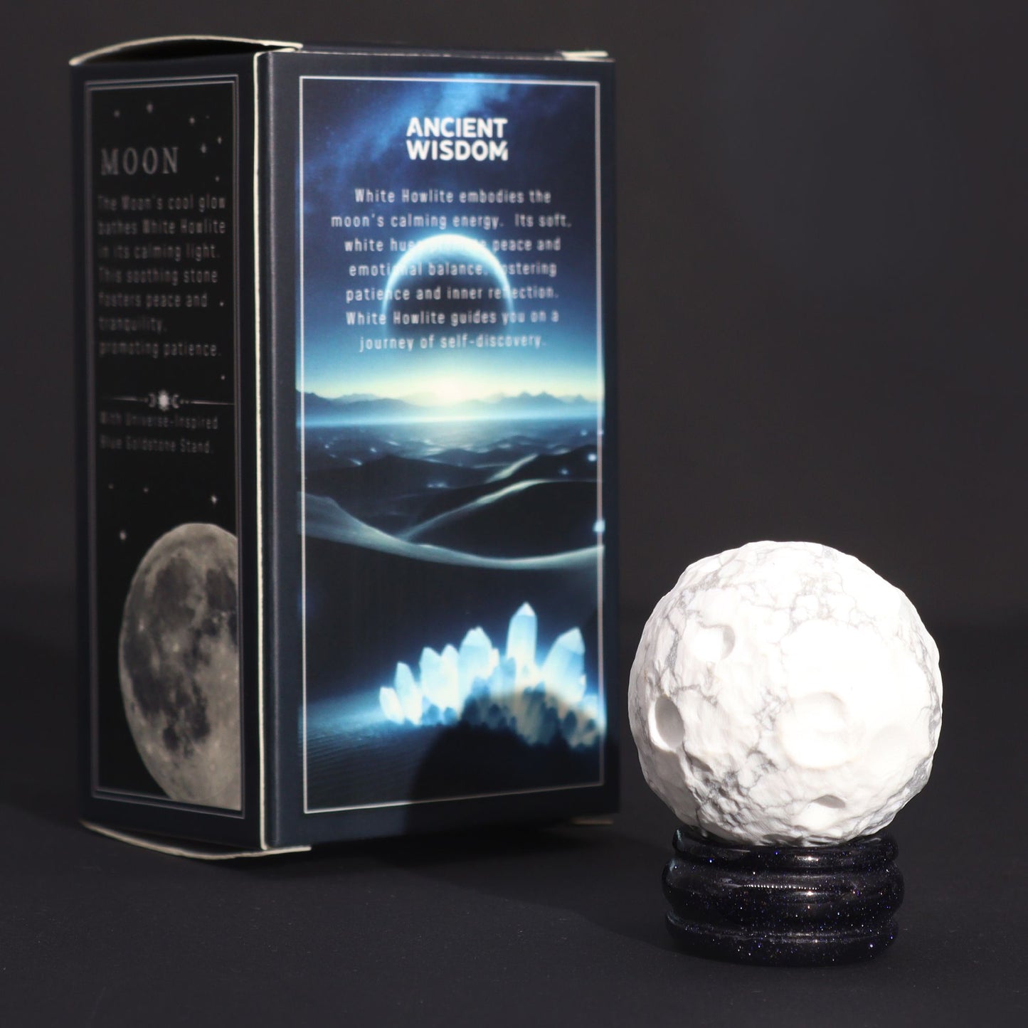Planète Lune en howlite blanche sur socle solaire · 40mm