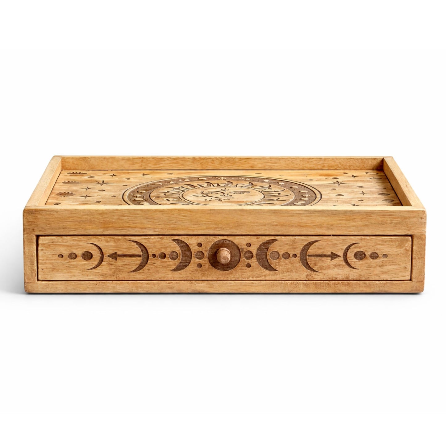 Coffret de tarot sculpté soleil & lune à tiroir