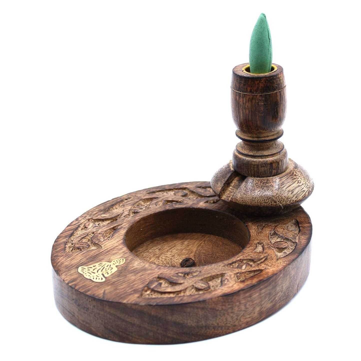 Brûleur à reflux en bois de manguier petit format — Bouddha laiton