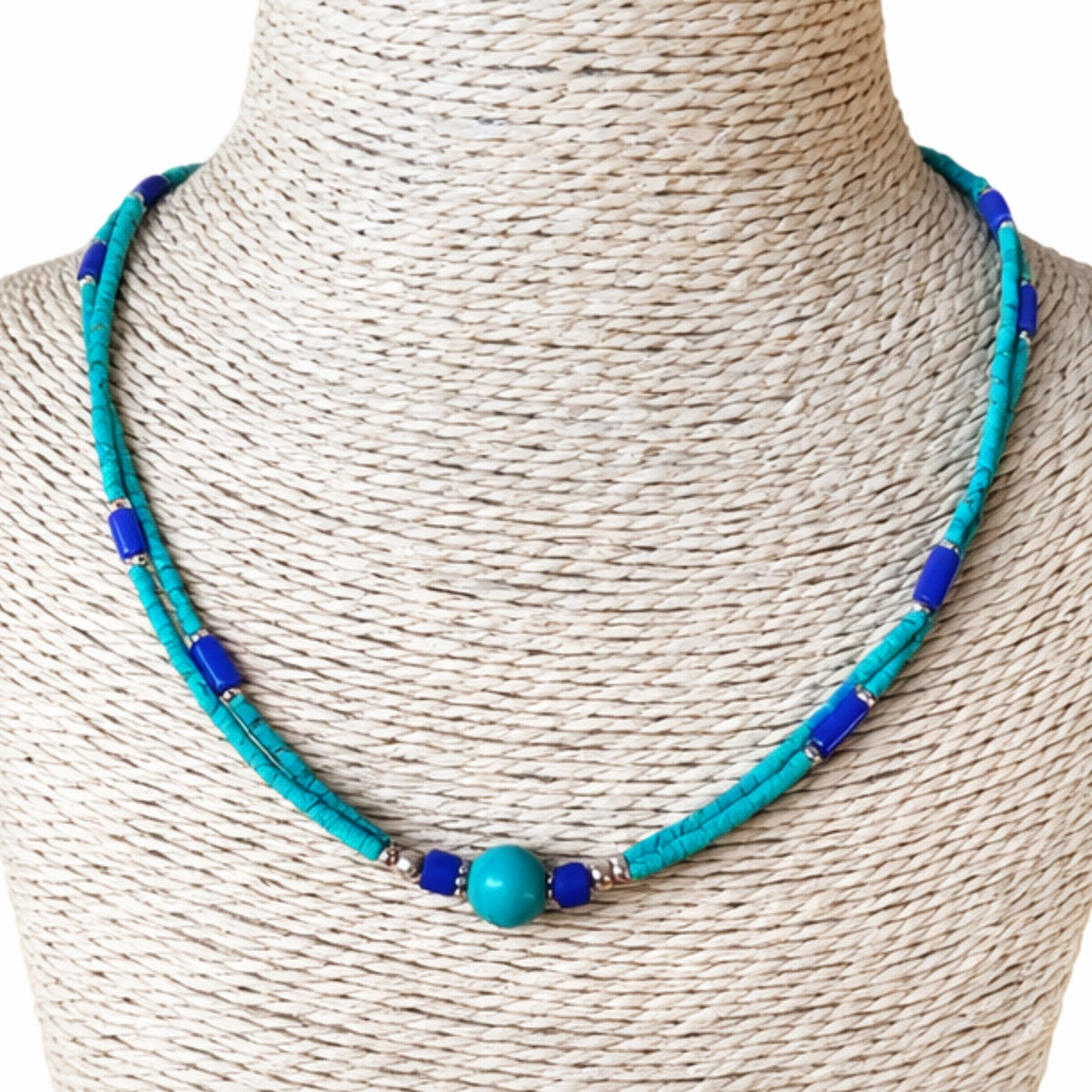 Collier népalais à deux rangs, lapis-lazuli et malachite — vue 2