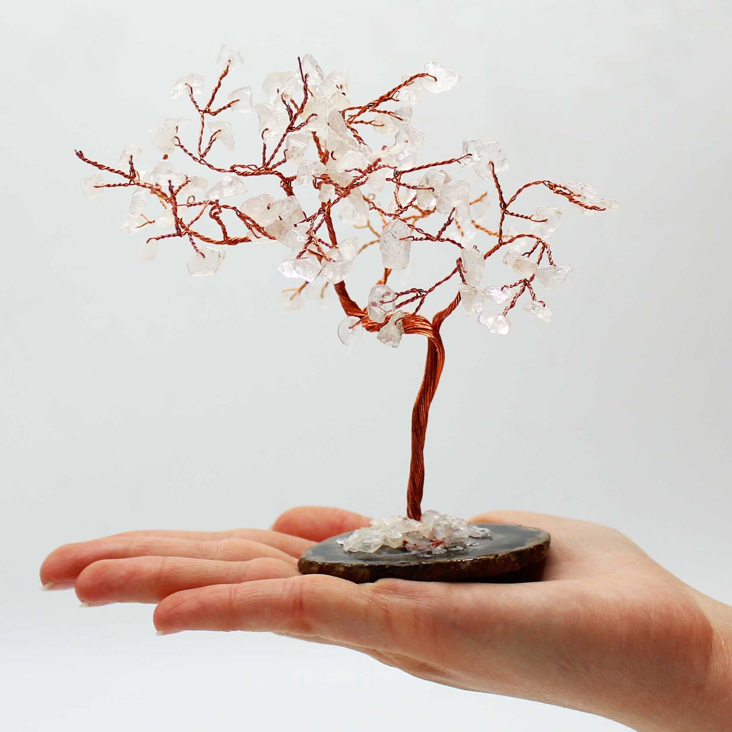 Arbre grand format: cristal de roche sur socle d’agate noire