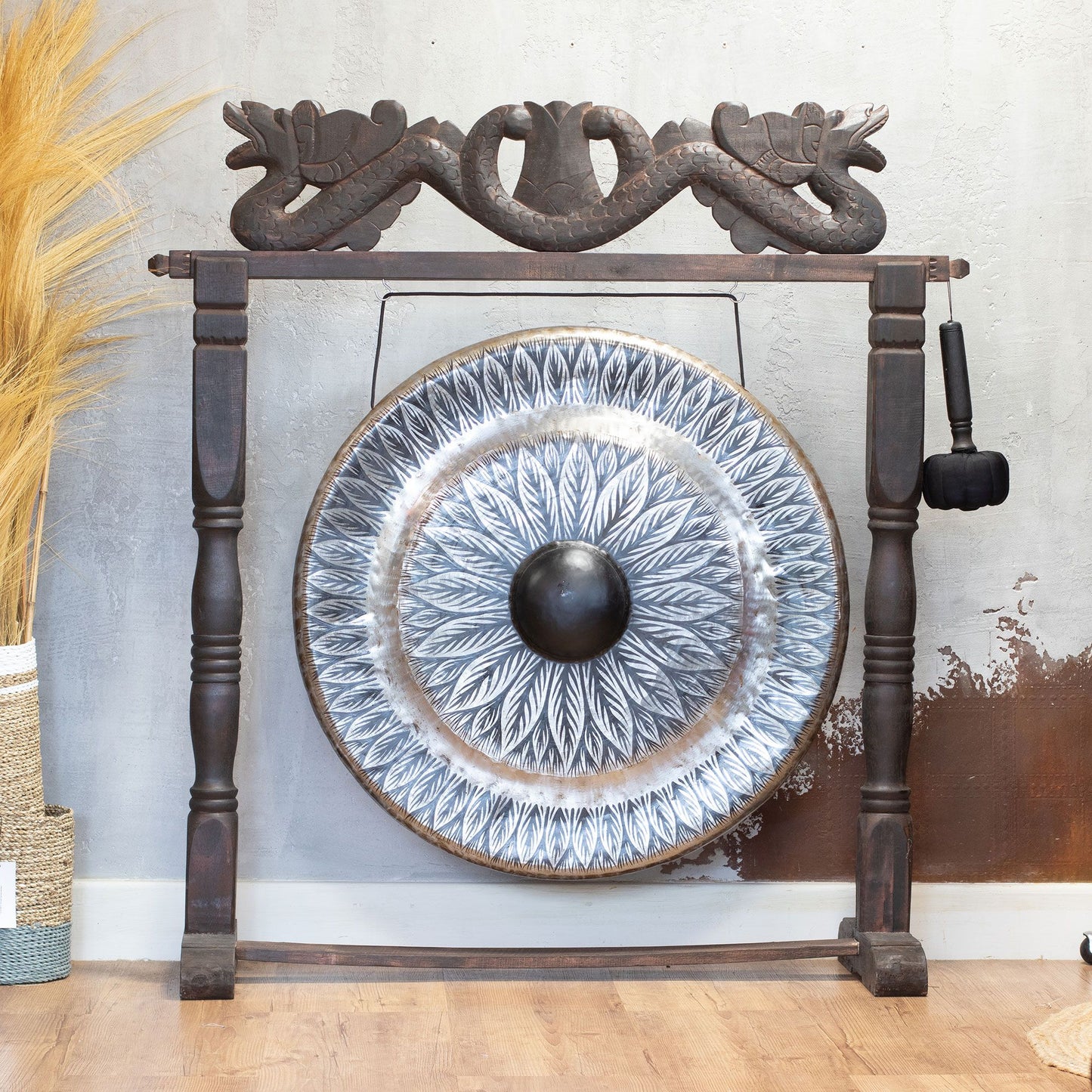 Gong de méditation grand format sur socle bois ancien — Noir · 80cm