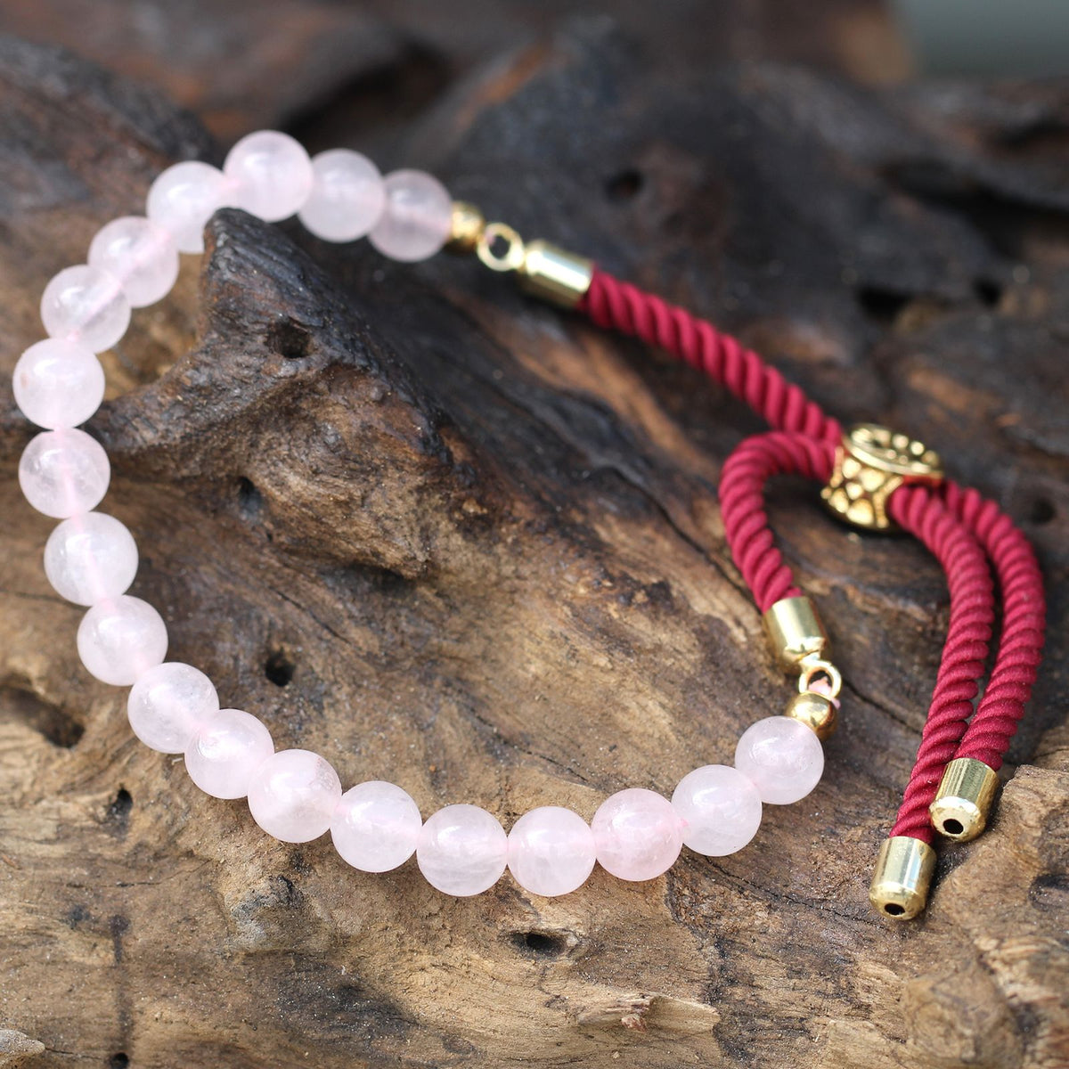 Bracelet ajustable en quartz rose, cordon bordeaux — vue 2