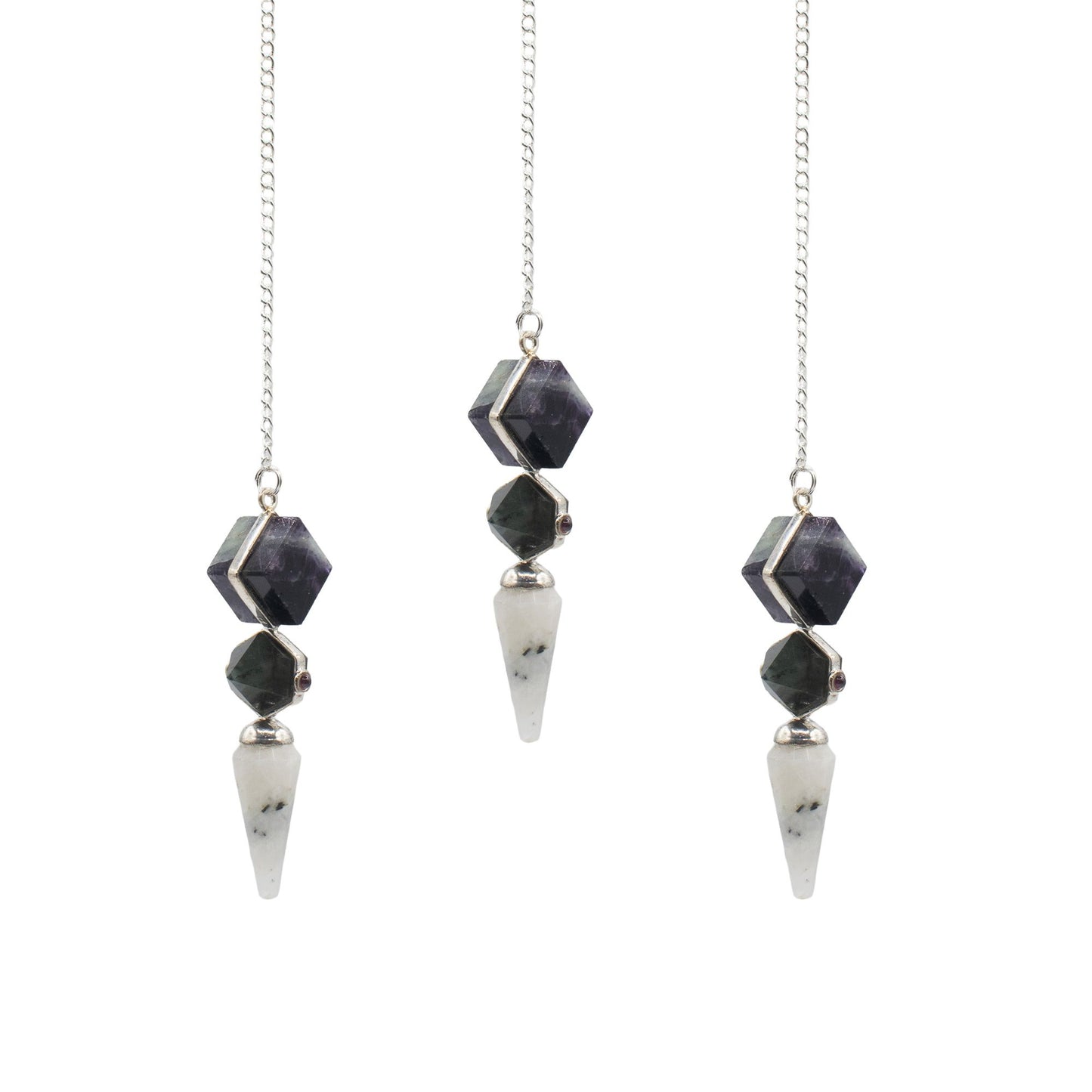 Pendule Porte psychique — Trois pièces · Fluorite, labradorite & pierre de lune