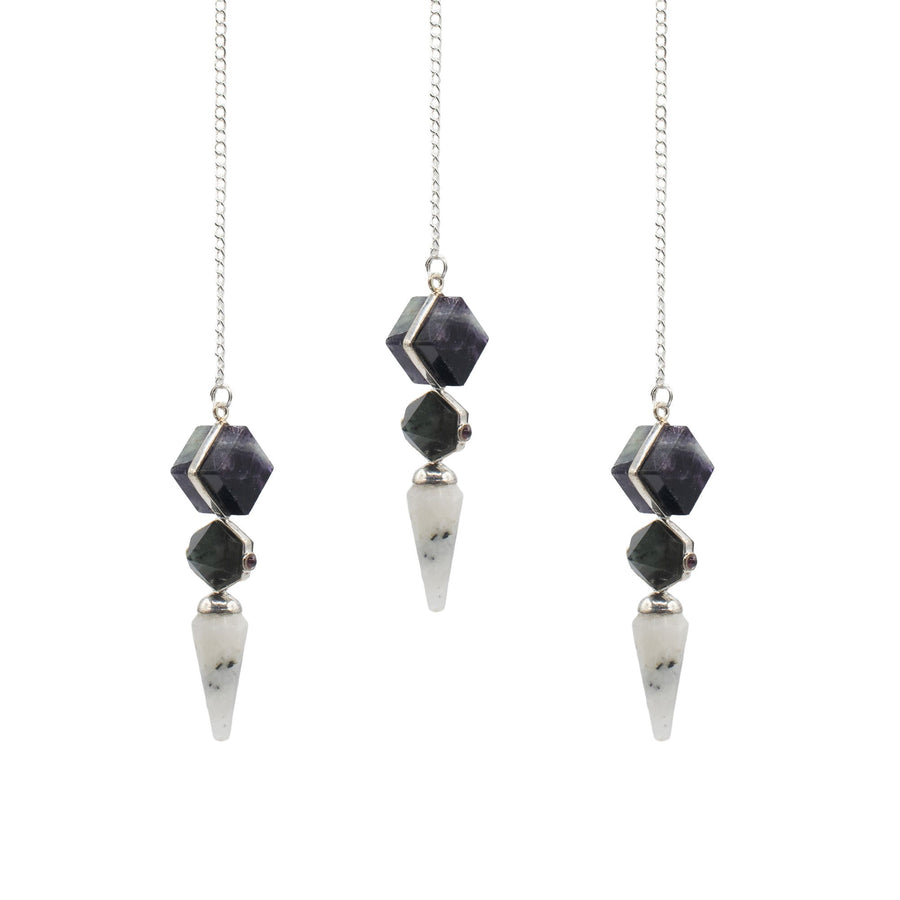 Pendule Porte psychique — Trois pièces · Fluorite, labradorite & pierre de lune