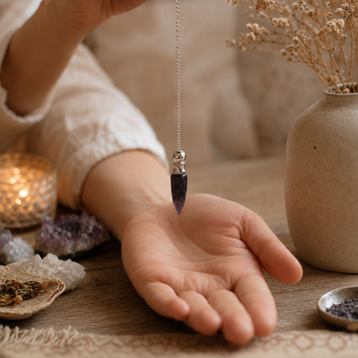 Pendule de la vérité à cavité secrète — Améthyste · Argenté