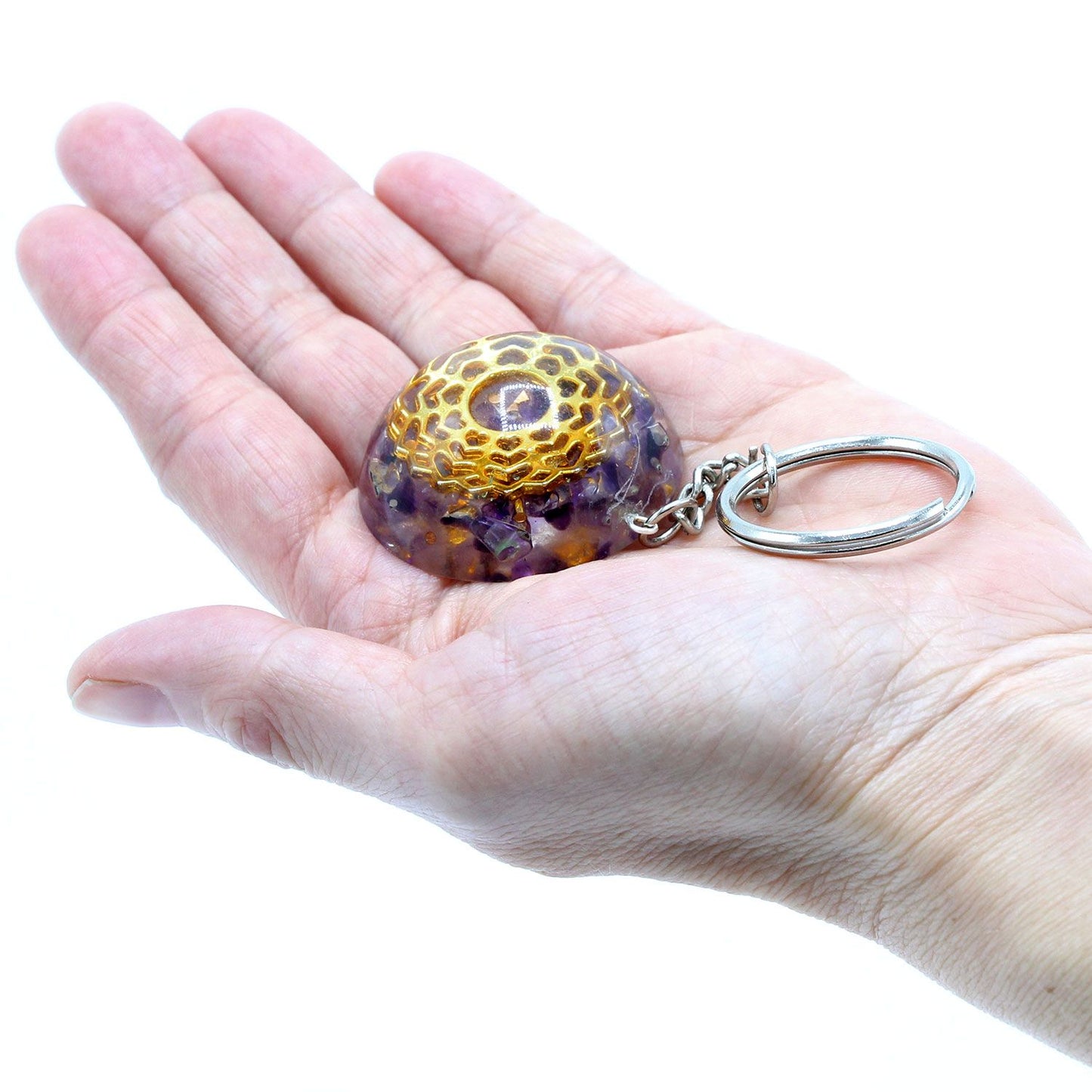 Porte-clés d’orgonite — Cœurs de mandala d’améthyste