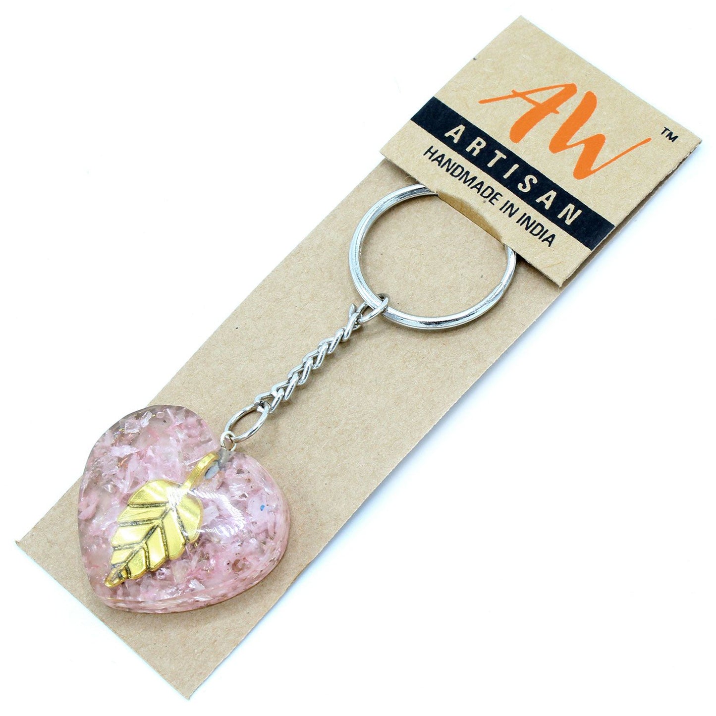 Porte-clés d’orgonite — Cœurs de quartz rose & feuille d’or
