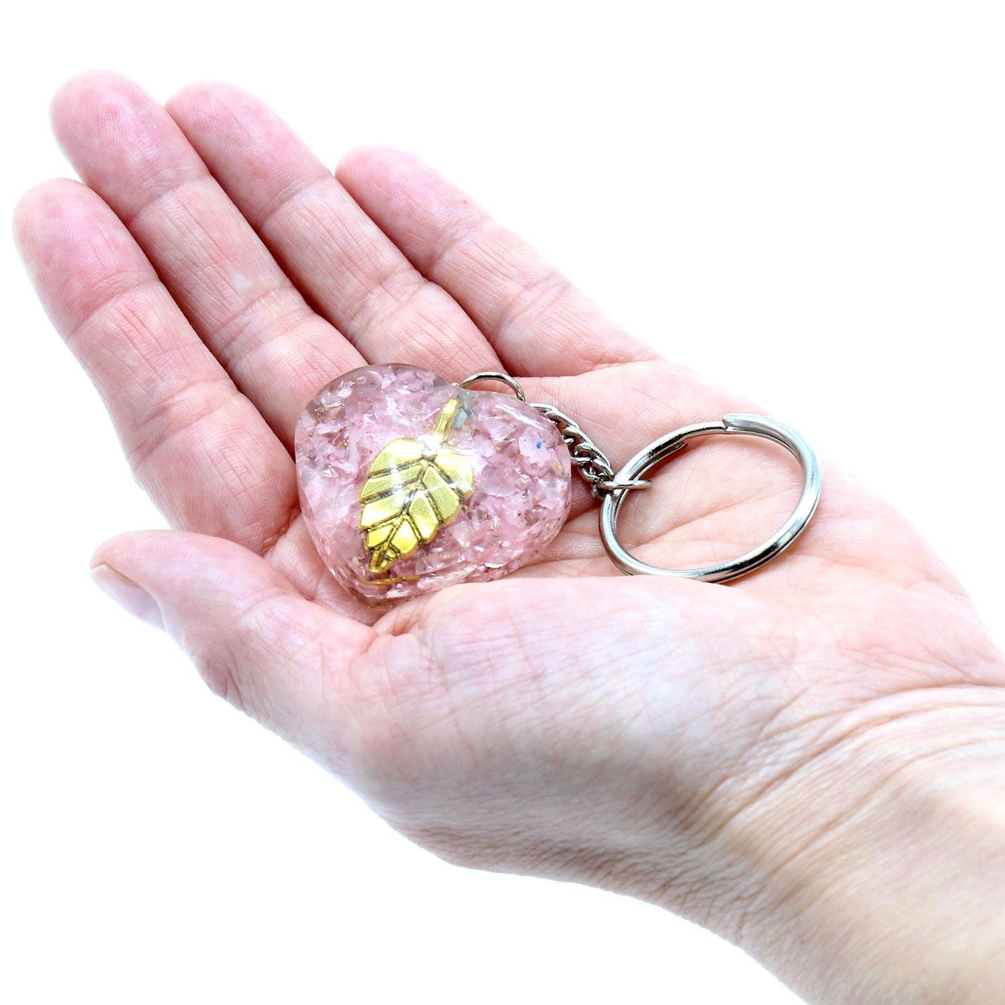 Porte-clés d’orgonite — Cœurs de quartz rose & feuille d’or
