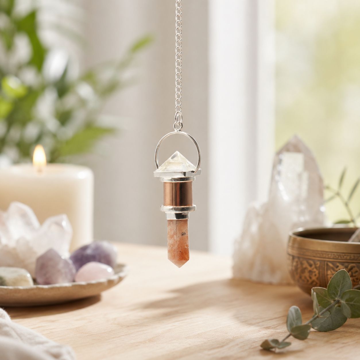 Pendule La Chambre lunaire — Cuivre · Cristal de roche & pierre de soleil