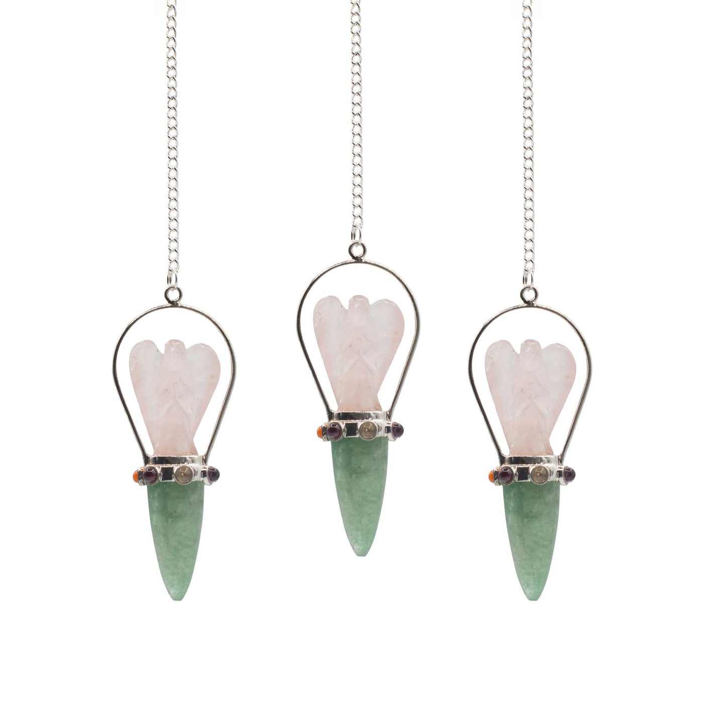 Pendule L’Oracle du cœur — Ange deux pièces · Quartz rose & aventurine verte