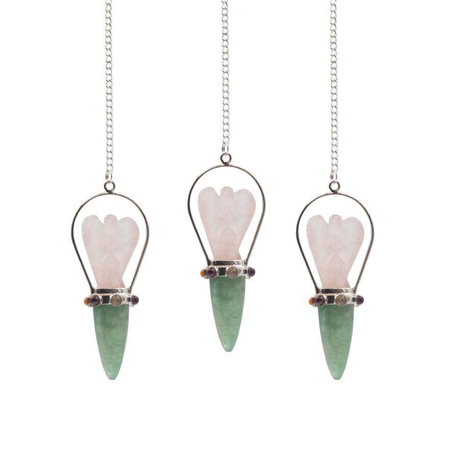 Pendule L’Oracle du cœur — Ange deux pièces · Quartz rose & aventurine verte
