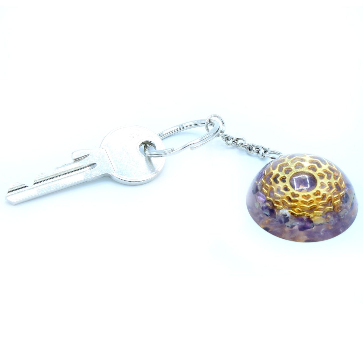 Porte-clés d’orgonite — Cœurs de mandala d’améthyste