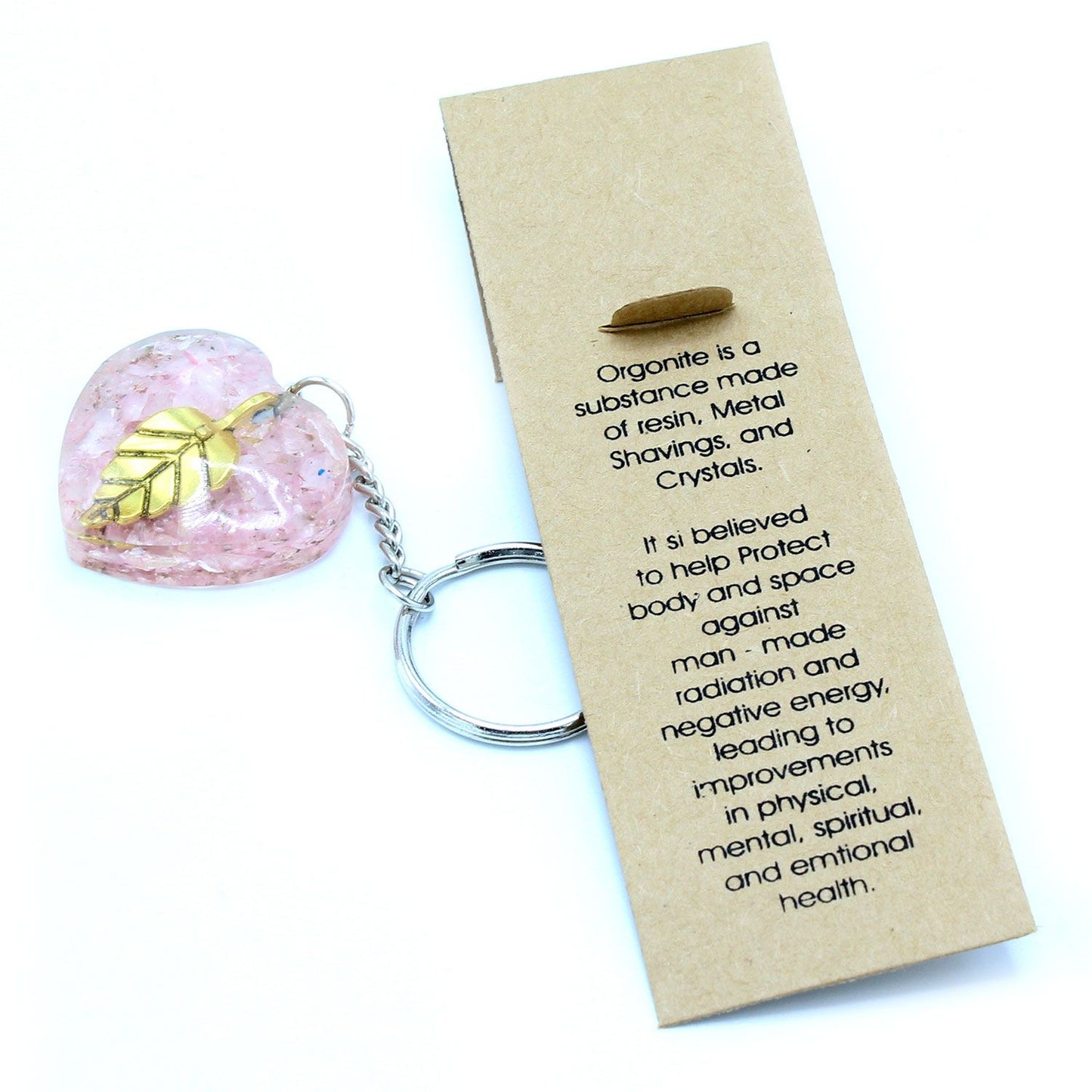 Porte-clés d’orgonite — Cœurs de quartz rose & feuille d’or