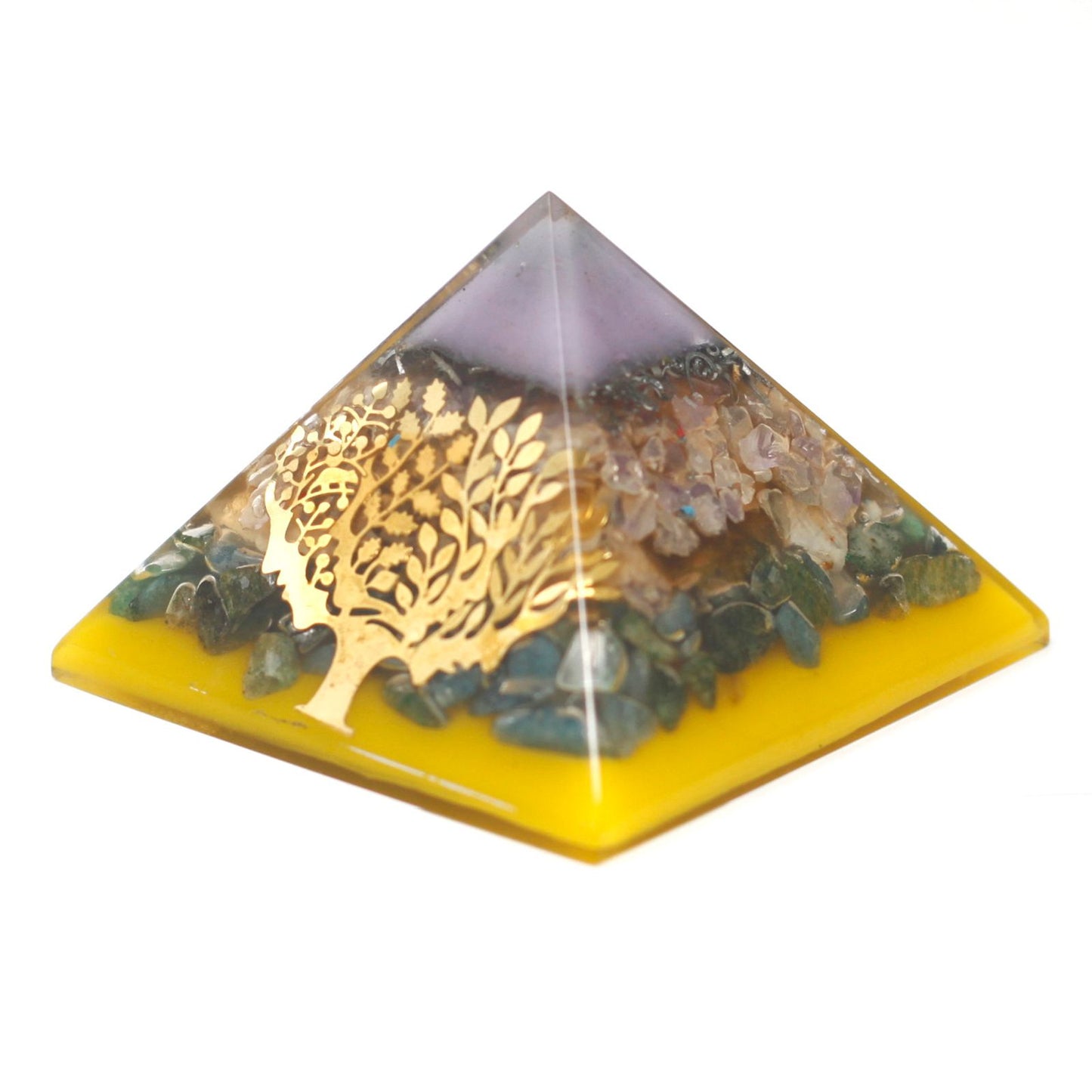 Grande pyramide d’orgonite — Gemmes chakra · Arbre · 70mm