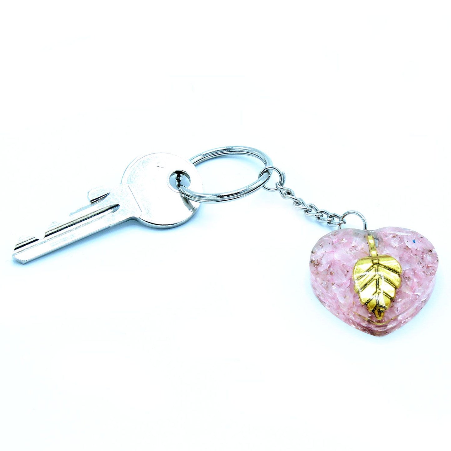 Porte-clés d’orgonite — Cœurs de quartz rose & feuille d’or