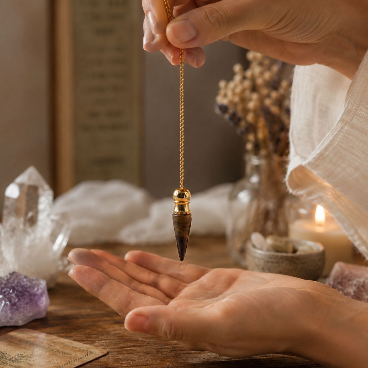Pendule de la vérité à cavité secrète — Œil de tigre · Doré