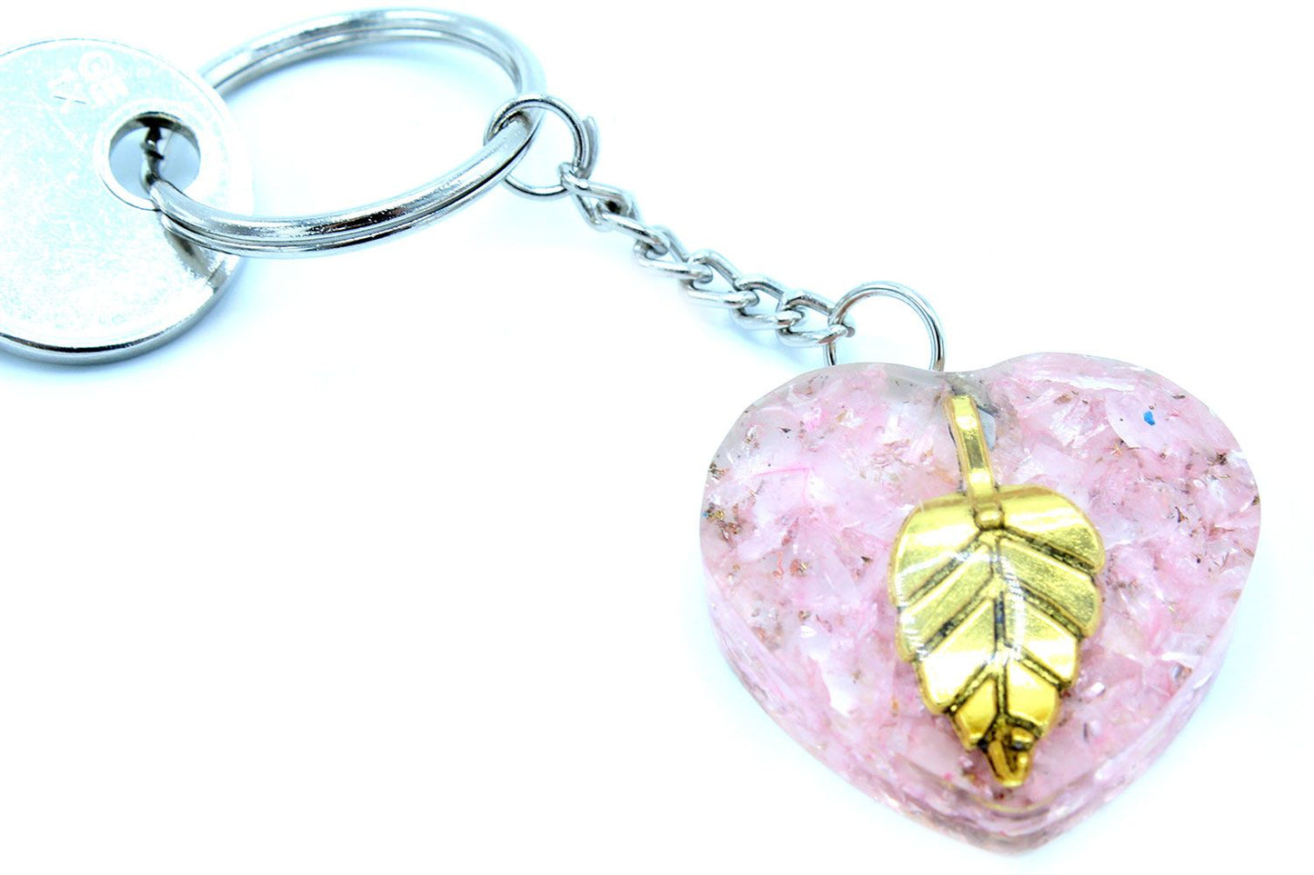 Porte-clés d’orgonite — Cœurs de quartz rose & feuille d’or
