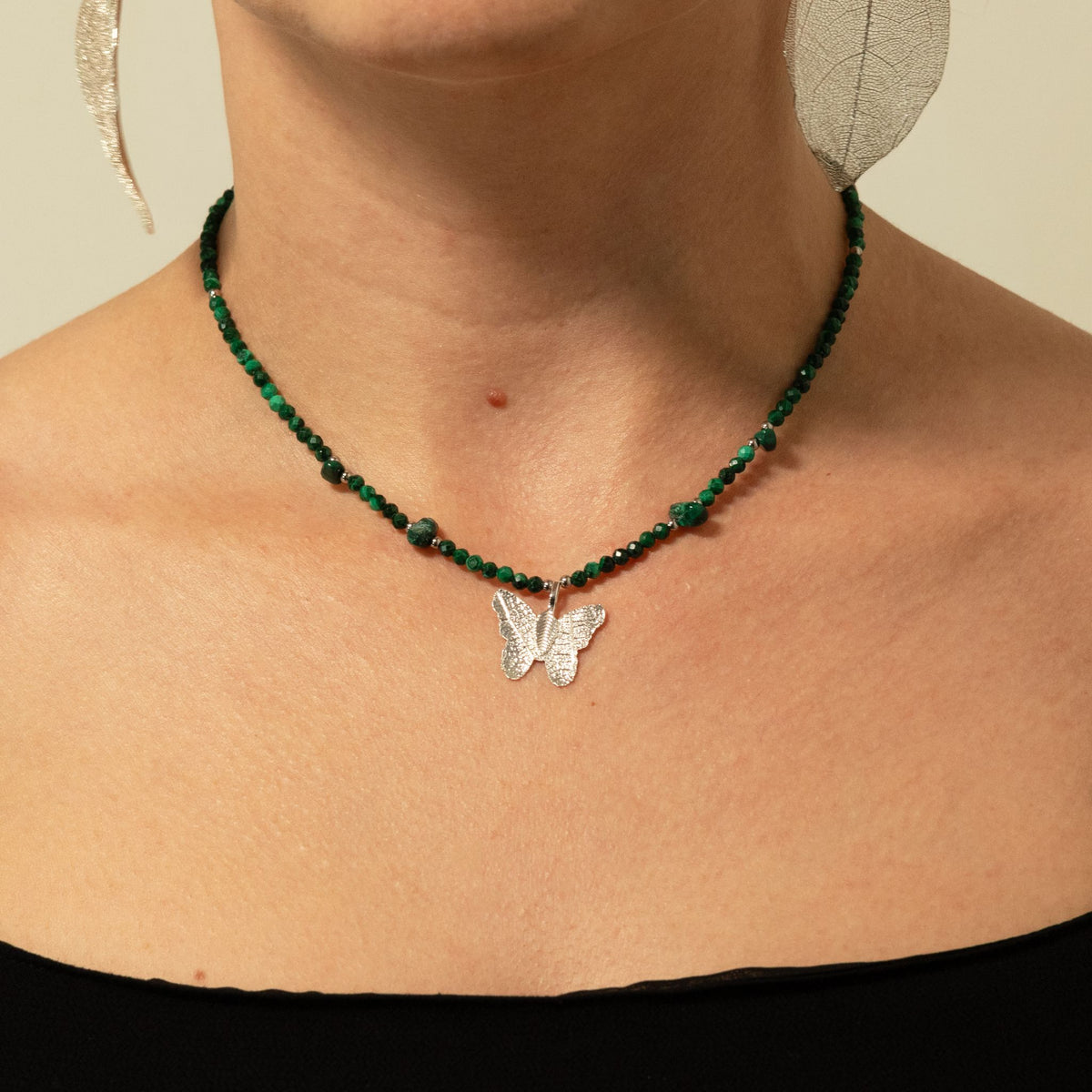 Collier de malachite, papillon en feuille réelle — vue 5