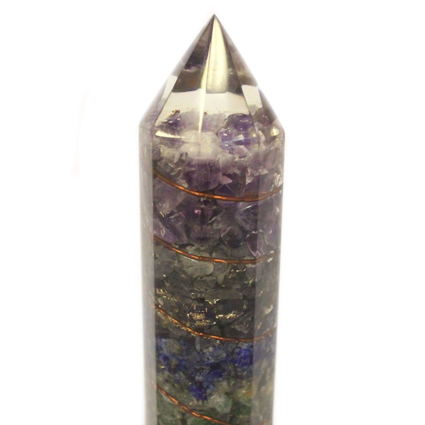 Orgonite fontaine — Cuivre & gemmes · 15 cm