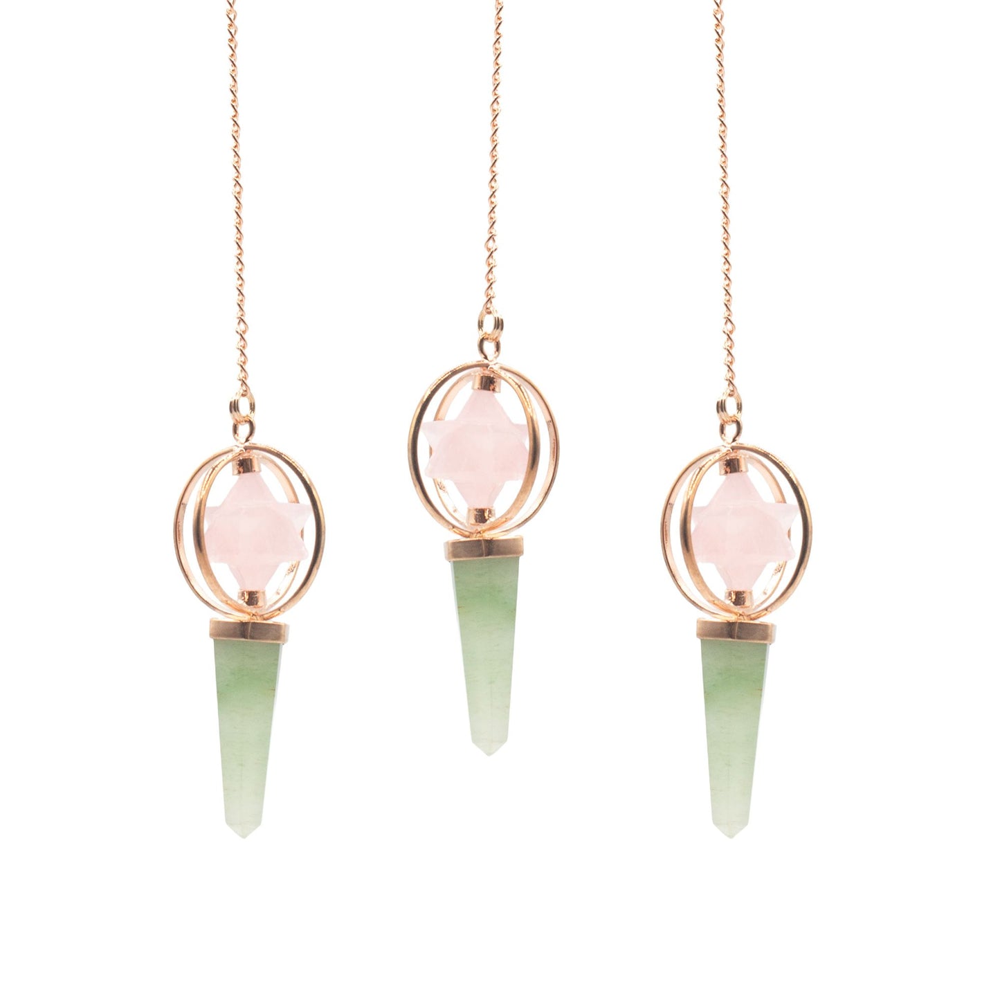 Pendule Boussole du cœur — Étoile Merkaba pivotante · Quartz rose & aventurine verte