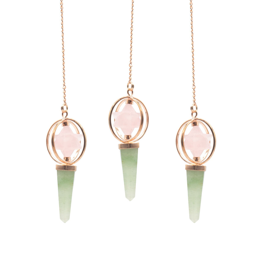 Pendule Boussole du cœur — Étoile Merkaba pivotante · Quartz rose & aventurine verte