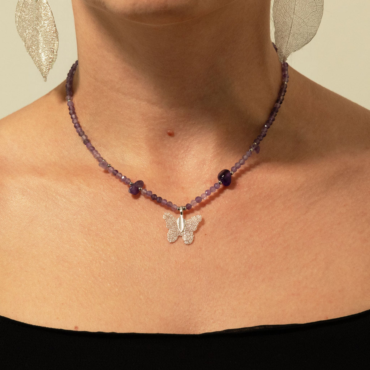 Collier d’améthyste, papillon en feuille réelle — vue 6
