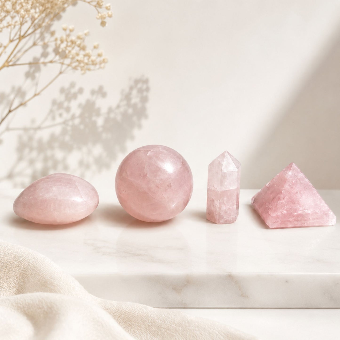 Pierre brute — Quatre formes · Quartz rose