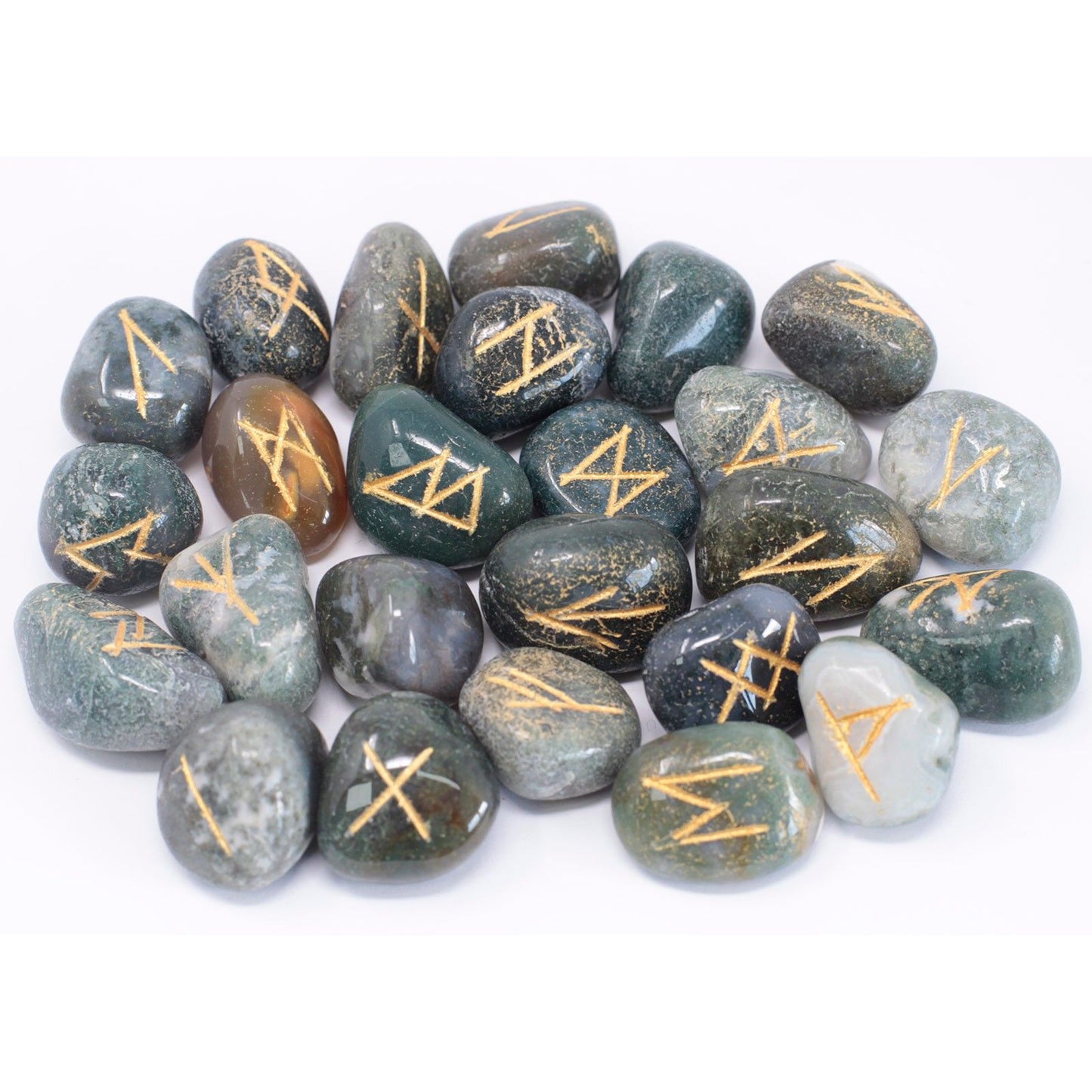Jeu de runes de l’Inde en pochette — Agate mousse