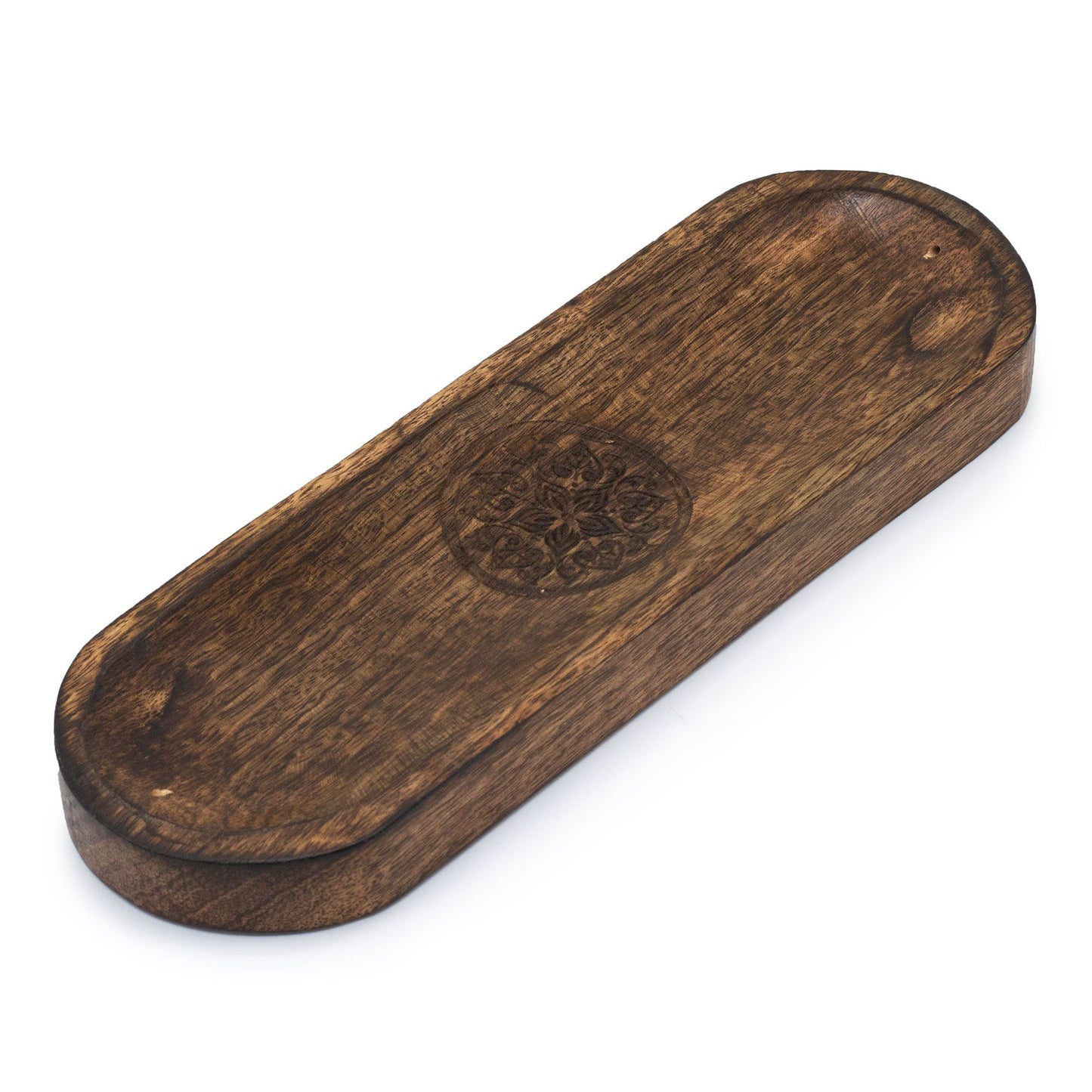 Plateau à encens en bois de manguier — Mandala · 30 × 10 cm