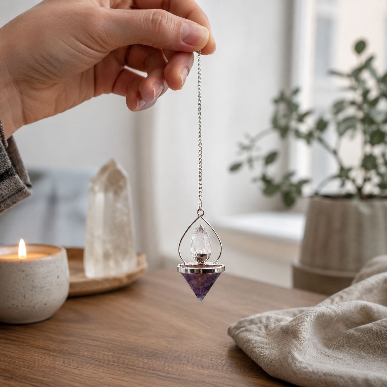 Pendule Lanterne de vie — Améthyste & cristal de roche