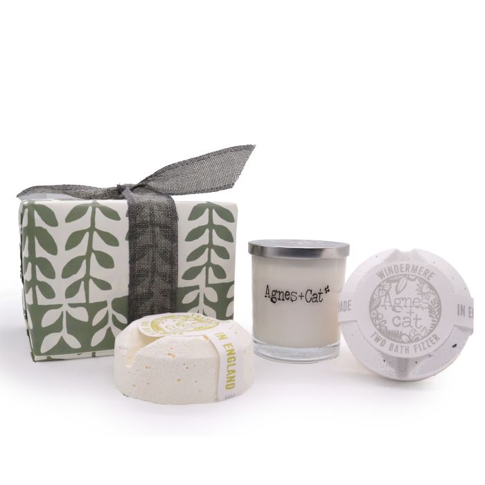 Coffret: bombes de bain de Windermere & agrumes + bougie de lune de velours