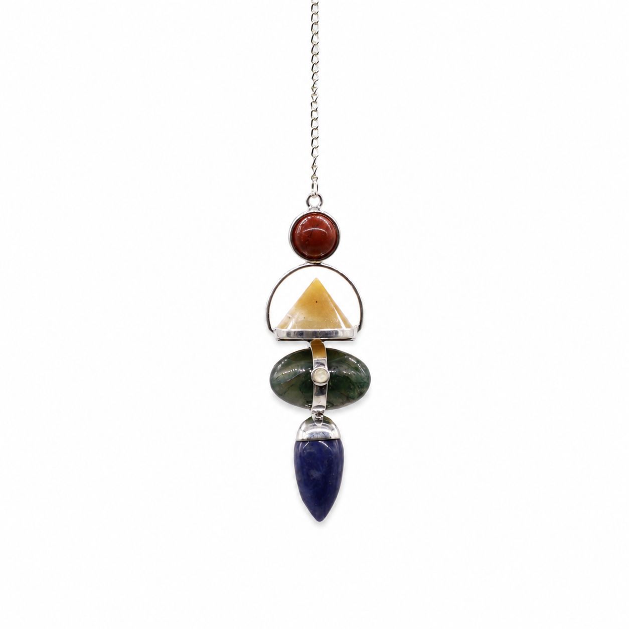 Pendule Quatre Éléments — Jaspe rouge, aventurine jaune, agate mousse, sodalite & pierre de lune