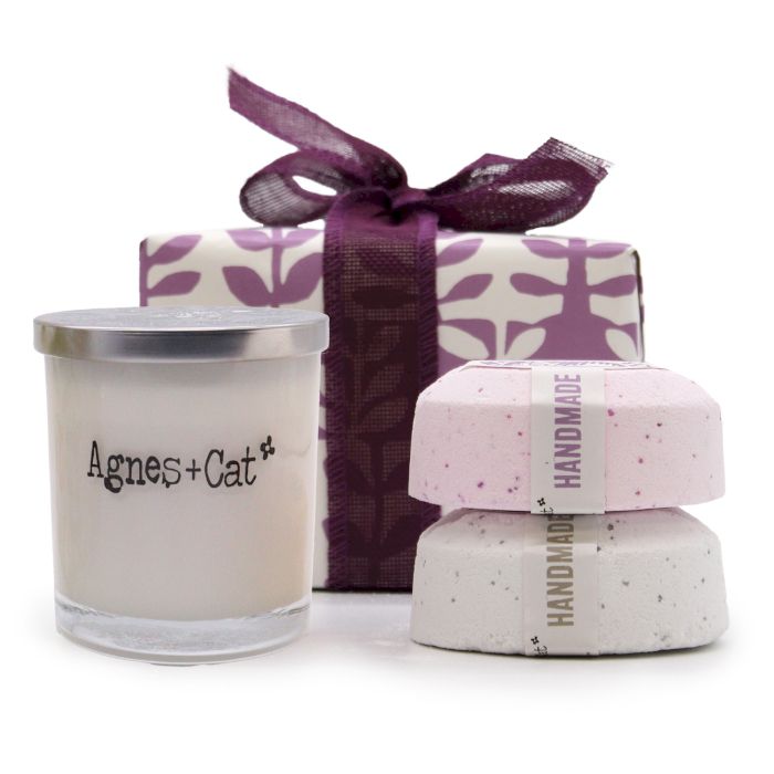 Coffret: bombes de bain de Provence & thé & rose + bougie de pierre de lune