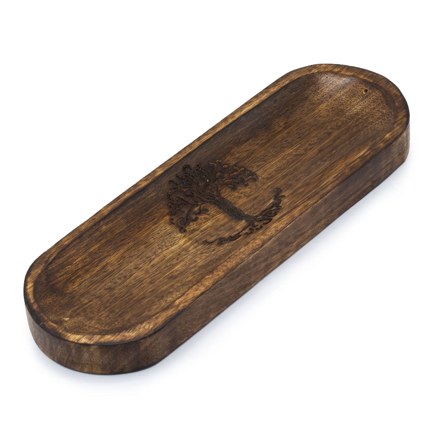 Plateau à encens en bois de manguier — Arbre de vie · 30 × 10 cm