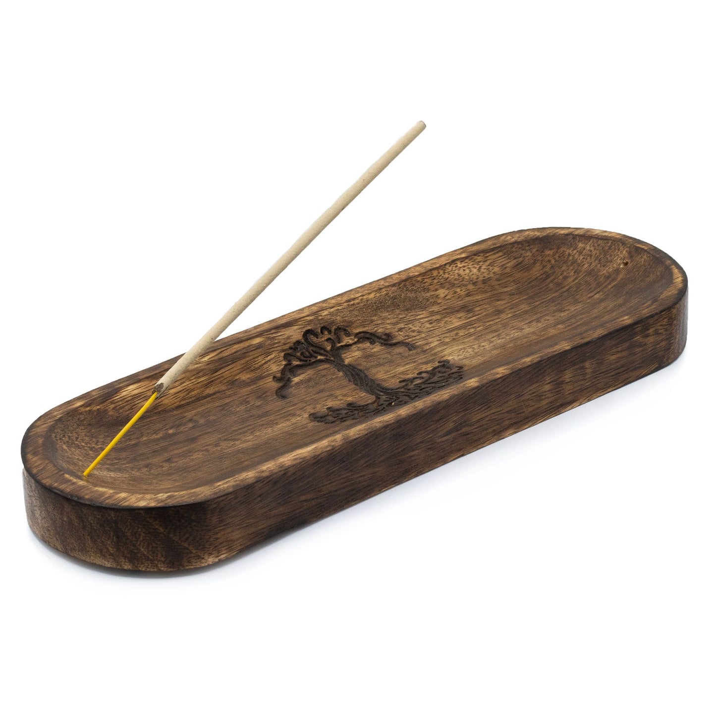 Plateau à encens en bois de manguier — Arbre de vie · 30 × 10 cm