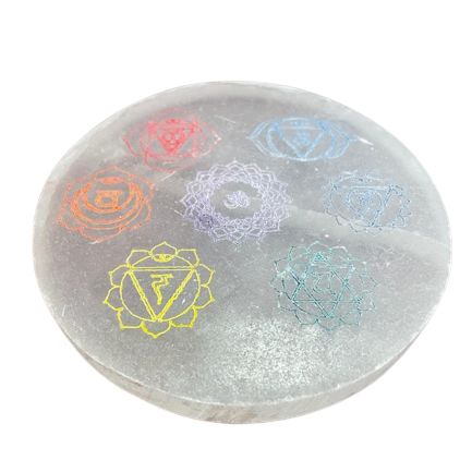 Plaque de charge en sélénite — Motif chakra couleur · 10cm