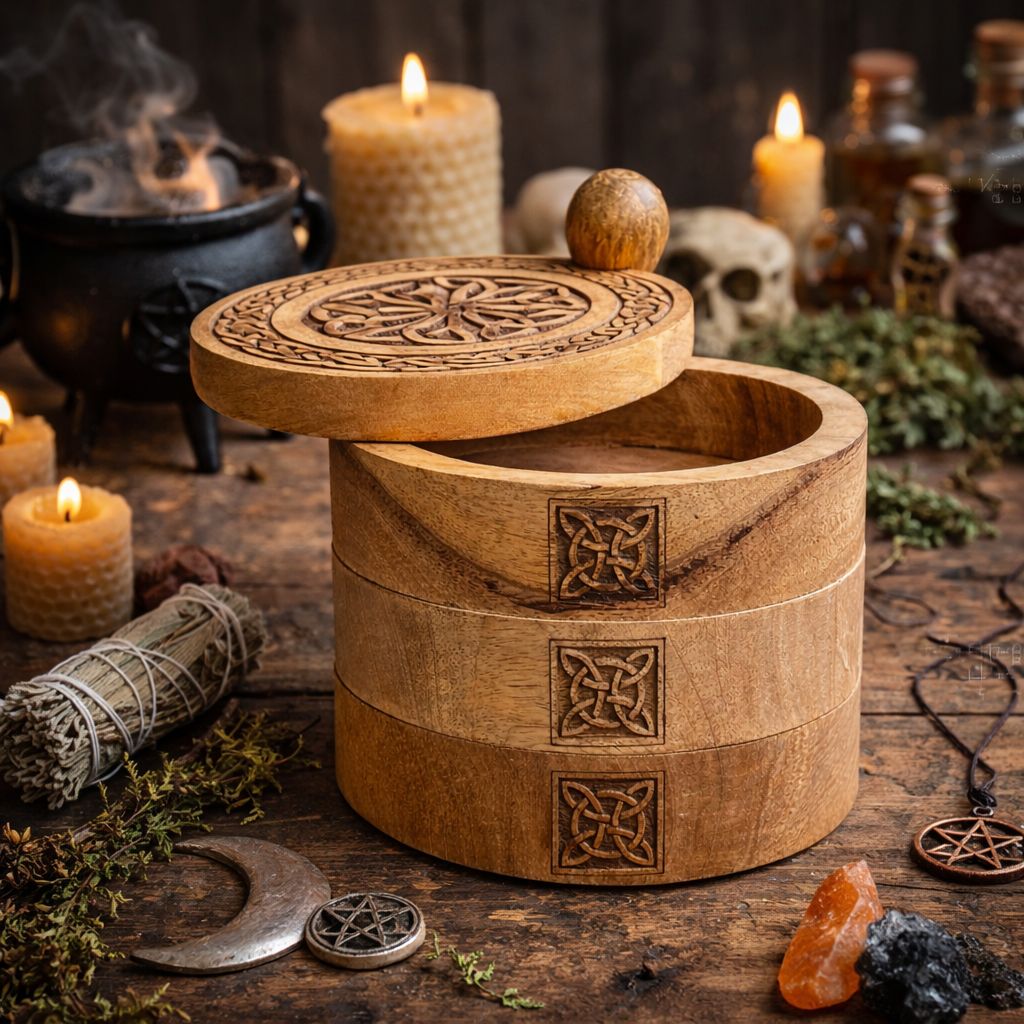Coffret pivotant de trois niveaux sculpté au style celtique