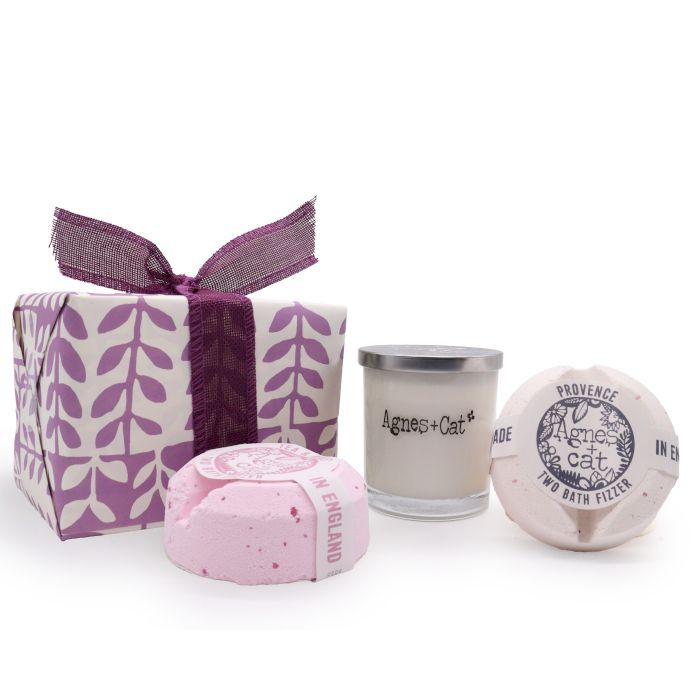 Coffret: bombes de bain de Provence & thé & rose + bougie de pierre de lune