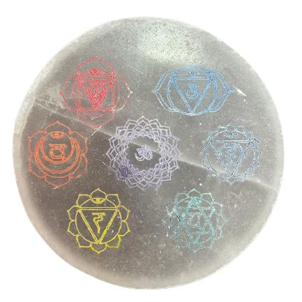 Plaque de charge en sélénite — Motif chakra couleur · 10cm