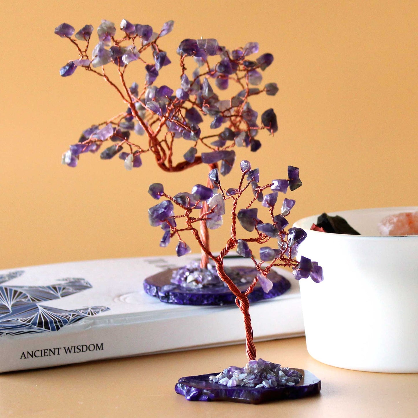 Arbre : améthyste sur socle d’agate naturel