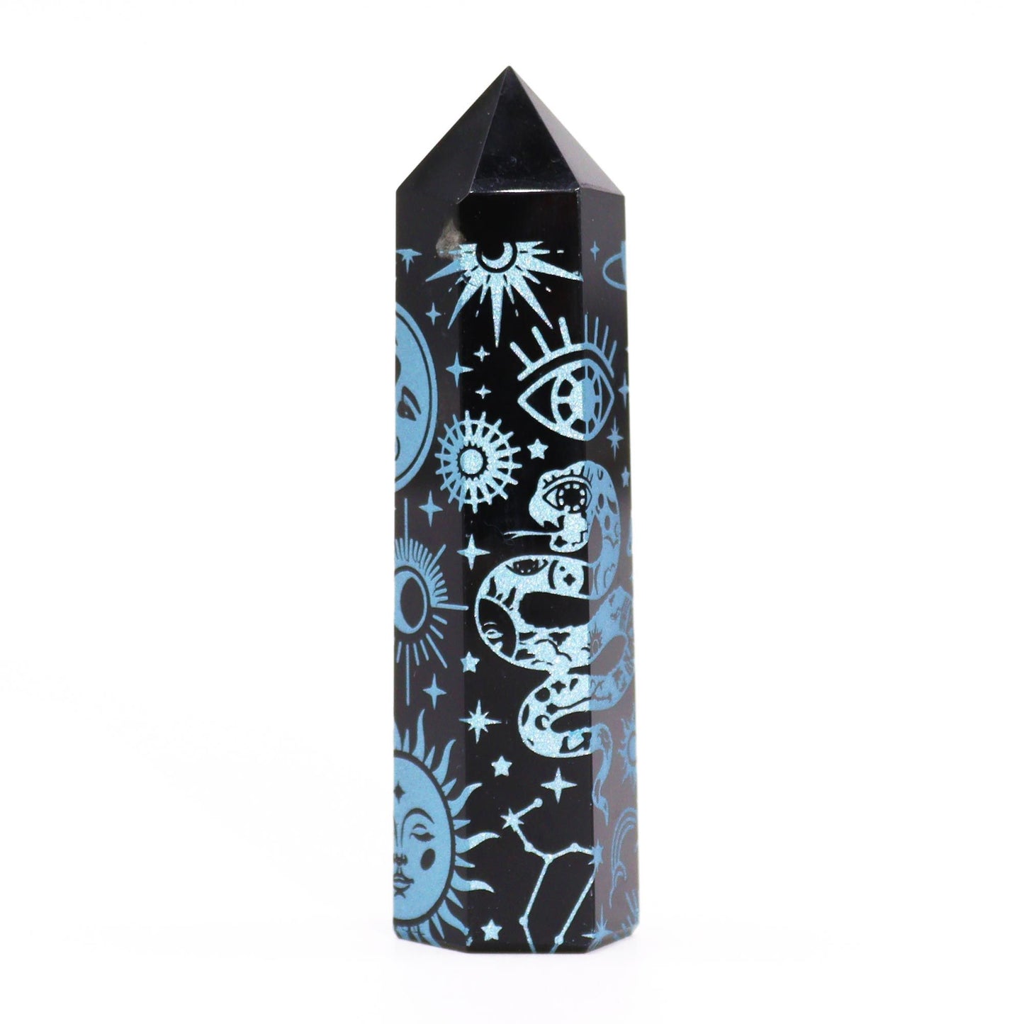 Pointe d’obsidienne noire — Histoire mystique · Bleu ciel · 9cm
