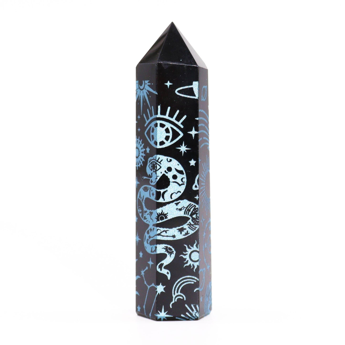 Pointe d’obsidienne noire — Histoire mystique · Bleu ciel · 9cm