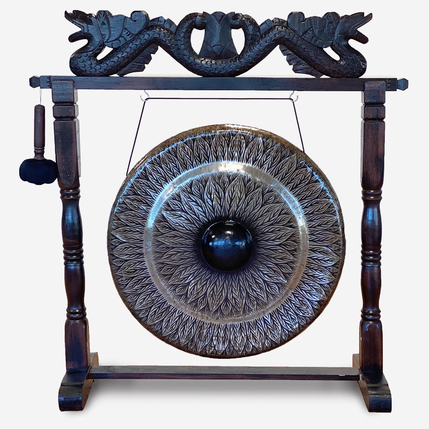 Gong de méditation grand format sur socle bois ancien — Noir · 80cm